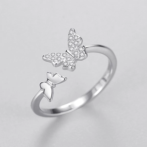 Adjustable S925 sterling silver ring with 3D double butterflies and zircon inlay