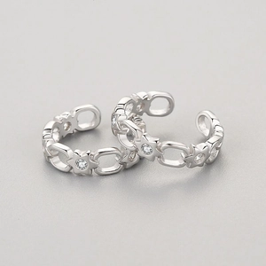 Minimalist S925 sterling silver star and chain link open ring with shiny zircon