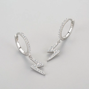 Elegant 925 sterling silver lightning bolt hoop earrings with shimmering pavé zircon stones