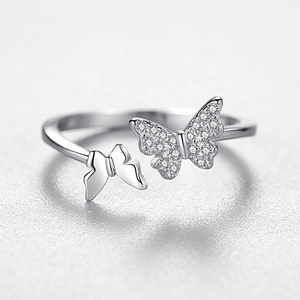 S925 sterling silver adjustable double butterfly ring with micro-pave zirconia crystals