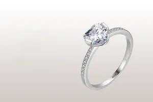 Detailed view of S925 sterling silver ring with heart-cut stone and hallmark engraving