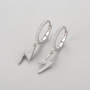 Polished S925 sterling silver lightning bolt hoop earrings with sparkling zircon inlay