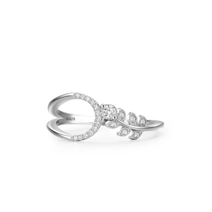 925 Sterling Silver Leaf Ring with Zirconia Stones and High Polished Finish