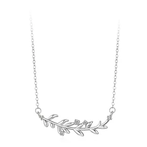 Women 925 Sterling Silver Leaf Pendant Necklace Minimalist Zirconia Inlaid Forest Style Olive Branch Chain Jewelry Gift