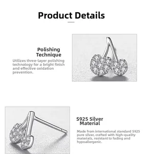 Macro detail of S925 sterling silver cherry earrings with sparkling white cubic zirconia