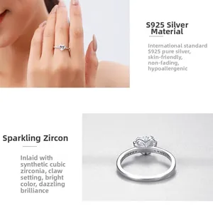 Detail view of heart-cut cubic zirconia ring in S925 sterling silver with prong setting