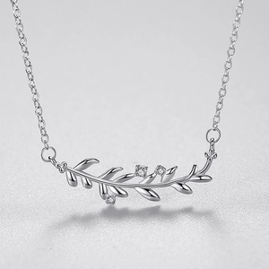 Minimalist s925 silver necklace with olive leaf pendant and three zircon stones