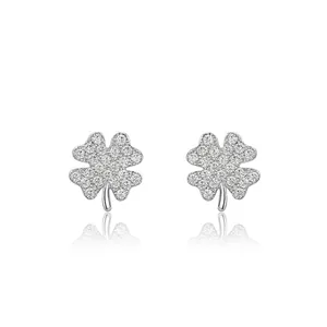 Lucky Four-Leaf Clover Stud Earrings 925 Sterling Silver Pave Rhinestone Clover Earrings Elegant Jewelry For Women Gift