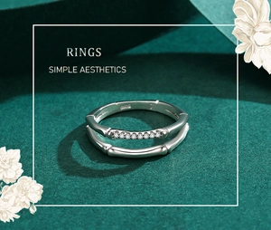 Macro detail of S925 sterling silver double-layer bamboo ring with micro-inlaid zircons
