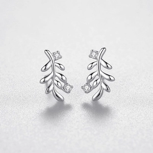 Elegant S925 sterling silver leaf stud earrings with sparkling cubic zirconia accents