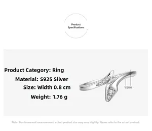 Detailed spec sheet showing S925 sterling silver snake ring with micro-pave crystals