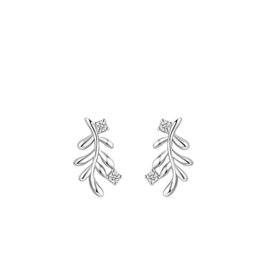 Nature-inspired S925 sterling silver leaf stud earrings with sparkling cubic zirconia