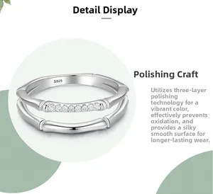 Close-up of S925 sterling silver double-layer bamboo ring with micro-set zircon accents