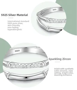 Detail of S925 sterling silver ring showing bamboo joint design and CZ stone setting
