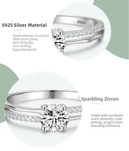 Gros plan d'une bague en argent S925 avec une zircone cubique sertie de quatre griffes