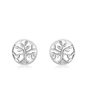 925 Sterling Silver Tree Of Life Stud Earrings For Women Dainty Micro Inlaid Zirconia Round Hollow Branch Leaf Ear Jewelry