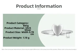 Detail specifications of heart S925 silver ring showing dimensions and materials