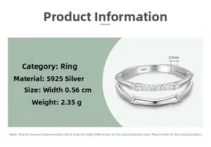 Detail view of S925 silver double-layer bamboo ring with cubic zirconia inlay, 0.56cm wide