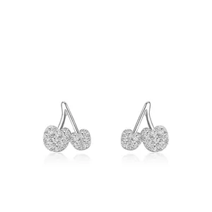 Sweet 925 Sterling Silver Cherry Stud Earrings For Women Rhinestone Inlaid Fruit Shaped Ear Jewelry Elegant Accessories Gift