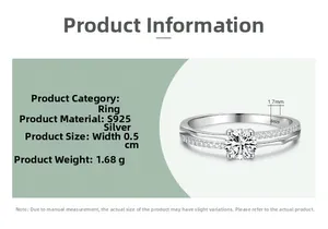 Détails de la bague en argent S925 montrant les dimensions 0,5 cm et le poids 1,68 g