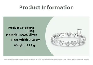 Macro detail of S925 sterling silver heart ring with sparkling diamonds, width 2.8mm