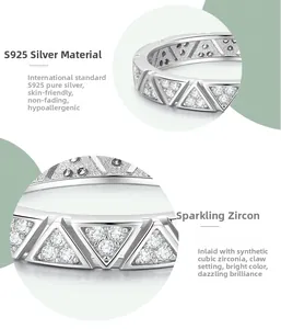 Macro detail of S925 sterling silver ring with pavé set triangular zircon patterns