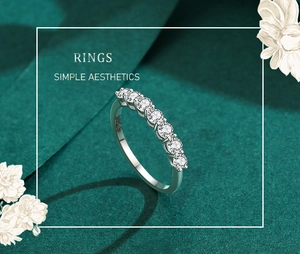 Detail of S925 sterling silver band featuring seven round cut cubic zirconia stones