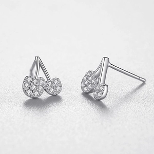 Sparkling S925 sterling silver cherry stud earrings featuring micro-pave diamond setting