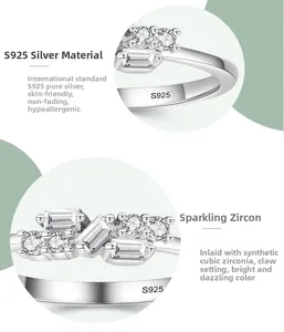 Detail of S925 sterling silver geometric stackable ring with prong-set cubic zirconia