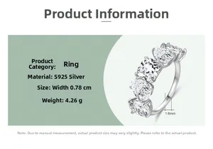 Detalles del anillo de plata S925 con circonitas de varias formas y medidas