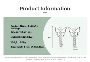 Detailed size specifications for bow knot S925 sterling silver earrings with zircons