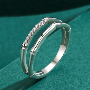 S925 sterling silver bamboo joint double-layered ring with micro-pave cubic zirconia diamonds