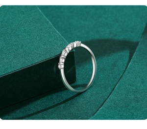 Macro side view of S925 silver ring featuring alternating baguette and round zirconias