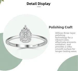 Detailed view of S925 sterling silver ring with drop-shaped cubic zirconia clusters