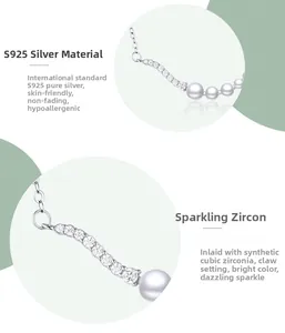 Detail of S925 sterling silver pearl necklace with cubic zirconia in prong setting