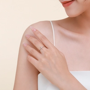 Minimalist S925 sterling silver ring with vertical sparkling zircons worn by a model