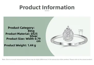 Detailed size specifications of the S925 sterling silver teardrop ring with zircon