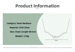 Detail specifications card for S925 sterling silver pearl necklace with measurements
