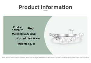 Detail view of S925 silver V-shaped ring featuring white pearls and zircon accents