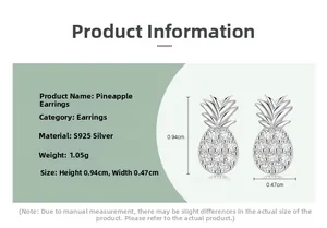 Macro detail of S925 silver pineapple stud earrings with cubic zirconia and size dimensions