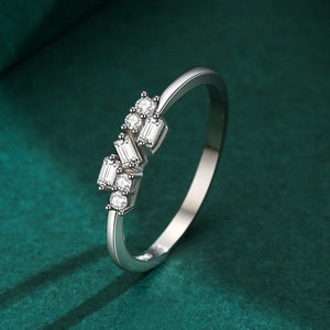 S925 sterling silver geometric stacking ring with baguette and round cut stones