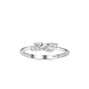 Minimalist S925 sterling silver geometric stackable ring with round and baguette diamonds