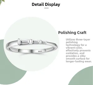Vue macro de la bague en argent S925 avec trois pierres rectangulaires à coupe baguette