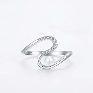 Bague Élégante en Argent Sterling S925 avec Künstliche Perle pour Femme Design en Vague en S Incrusté de Zircon Cubique Bijoux de Doigt Minimalistes