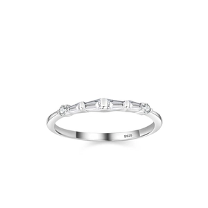 S925 sterling silver geometric ring with baguette and round zircon stones on white background