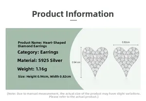 Detail view of S925 sterling silver heart stud earrings with white cubic zirconia pavé