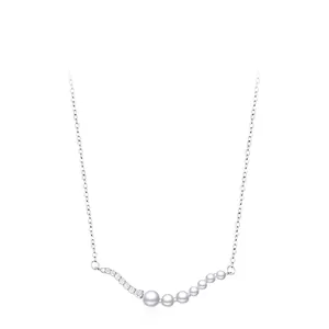 Elegant 925 Sterling Silver Wave Pendant Necklace With Gradient Artificial Pearls And Sparkling Zircon For Women Simple Jewelry