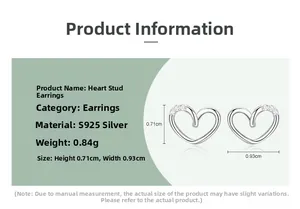 Detailed product dimensions for S925 sterling silver heart-shaped stud earrings