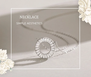 Macro shot of a silver ring pendant necklace with baguette-cut pavé zircons