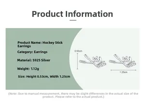 Détails macro des boucles d'oreilles crosse de hockey en argent S925 avec dimensions